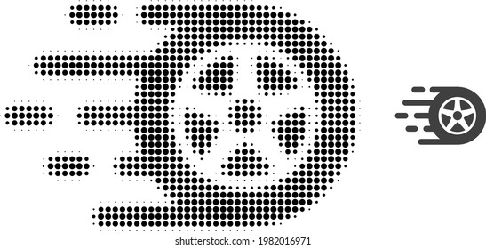 Car wheel halftone dot icon illustration. Halftone pattern contains round elements. Vector illustration of car wheel icon on a white background. Flat abstraction for car wheel object.
