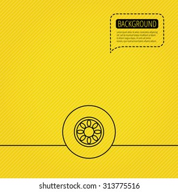 Car wheel icon. Automobile service sign. Speech bubble of dotted line. Orange background. Vector