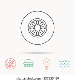 Car wheel icon. Automobile service sign. Global connect network, ocean wave and burger icons. Lightbulb lamp symbol.