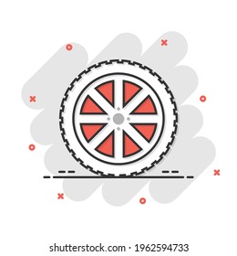 Car wheel icon in comic style. Vehicle part cartoon vector illustration on white isolated background. Tyre splash effect business concept.
