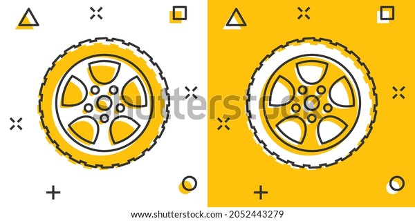 Car wheel icon in comic style. Vehicle part\
cartoon vector illustration on white isolated background. Tyre\
splash effect business\
concept.