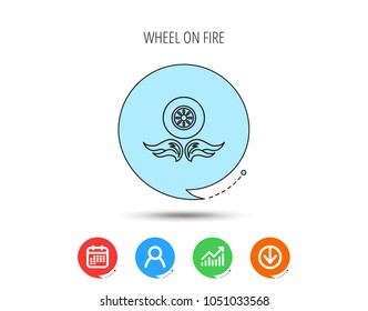 Car wheel icon. Fire flame symbol. Calendar, User and Business Chart, Download arrow icons. Speech bubbles with flat signs. Vector