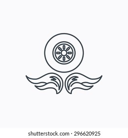 Car wheel icon. Fire flame symbol. Linear outline icon on white background. Vector