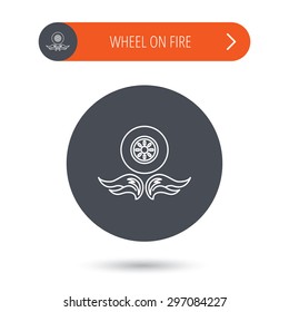 Car wheel icon. Fire flame symbol. Gray flat circle button. Orange button with arrow. Vector