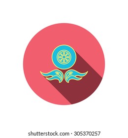 Car wheel icon. Fire flame symbol. Red flat circle button. Linear icon with shadow. Vector