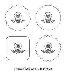 Car wheel icon. Fire flame symbol. Flat circle, star and emblem buttons. Labels design. Vector
