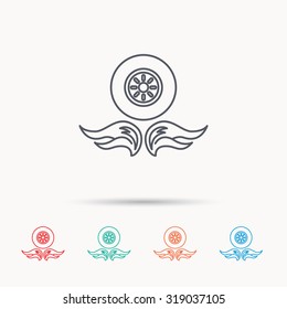 Car wheel icon. Fire flame symbol. Linear icons on white background. Vector