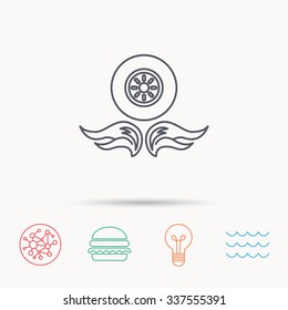 Car wheel icon. Fire flame symbol. Global connect network, ocean wave and burger icons. Lightbulb lamp symbol.