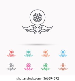 Car wheel icon. Fire flame symbol. Linear icons on white background.