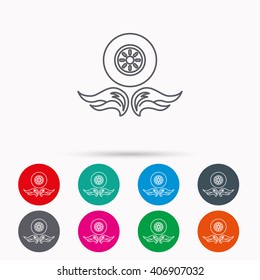 Car wheel icon. Fire flame symbol. Linear icons in circles on white background.