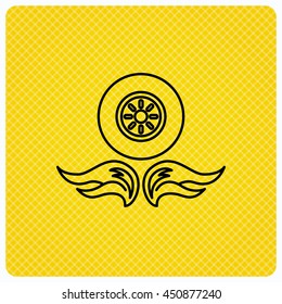 Car wheel icon. Fire flame symbol. Linear icon on orange background. Vector