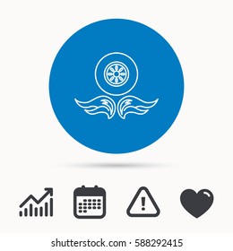 Car wheel icon. Fire flame symbol. Calendar, attention sign and growth chart. Button with web icon. Vector