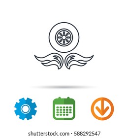 Car wheel icon. Fire flame symbol. Calendar, cogwheel and download arrow signs. Colored flat web icons. Vector