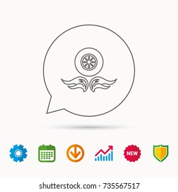 Car wheel icon. Fire flame symbol. Calendar, Graph chart and Cogwheel signs. Download and Shield web icons. Vector