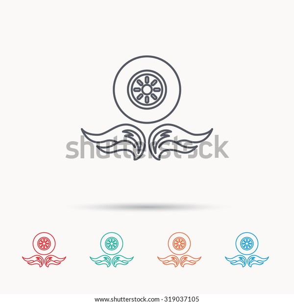 Car wheel icon. Fire flame symbol. Linear icons on\
white background. Vector