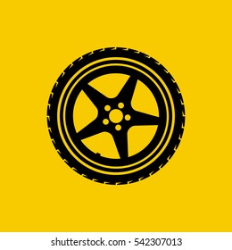 Car wheel icon isolated on yellow background. Tire service concept silhouette, pictogram. Logo garage, vehicle maintenance, road sign. Vector illustration flat design.