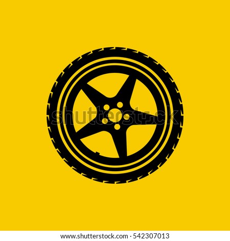 Car wheel icon isolated on yellow background. Tire service concept silhouette, pictogram. Logo garage, vehicle maintenance, road sign. Vector illustration flat design.