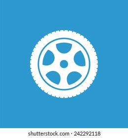 car wheel icon, isolated, white on the blue background. Exclusive Symbols 