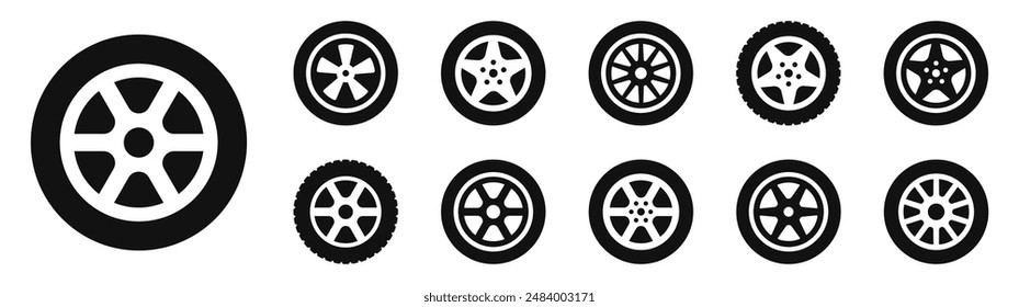 Car wheel icon set. Black rubber wheel tire collection. Vehicle, road, transport, auto - stock vector.