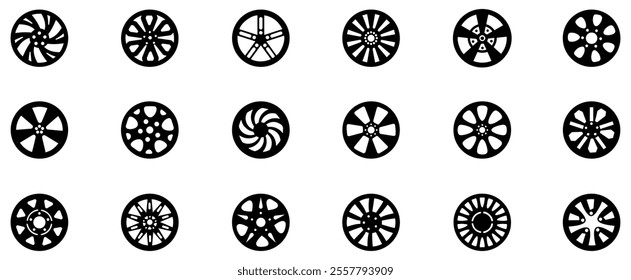 Car wheel icon set. Car rims icon. Auto tire collection. Car tyre set. Vector Illustration. EPS 10