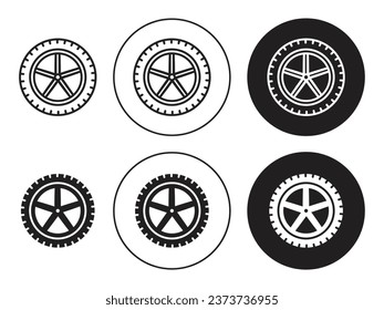 Car wheel icon set. tyre rim vector symbol. tire alloy sign in black filled and outlined style.