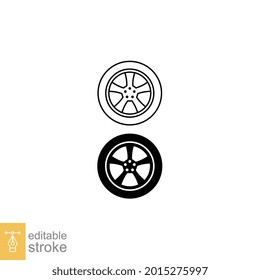 Símbolo del icono de la rueda del automóvil línea vectorial e icono de glifo. Neumático plano y de contorno, llanta para coches, discos de volante para el logotipo del automóvil. Ilustración del vector de trazo editable. diseño sobre fondo blanco. EPS 10