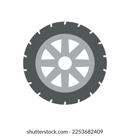 Car wheel icon. Tire with disk, machine part. Symbol of travel and adventure, road and highway. Round object, logotype for company and organization. Cartoon flat vector illustration