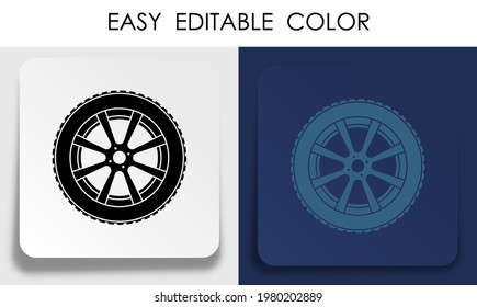 car wheel icon with tire on paper square sticker with shadow. Driving on slippery road. Driving safety. Vector