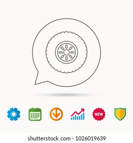 Car wheel icon. Tire service sign. Calendar, Graph chart and Cogwheel signs. Download and Shield web icons. Vector
