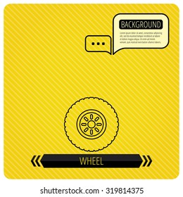 Car wheel icon. Tire service sign. Chat speech bubbles. Orange line background. Vector