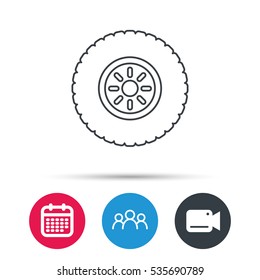 Car wheel icon. Tire service sign. Group of people, video cam and calendar icons. Vector