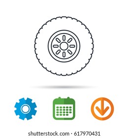 Car wheel icon. Tire service sign. Calendar, cogwheel and download arrow signs. Colored flat web icons. Vector