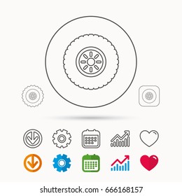 Car Wheel Icon. Tire Service Sign. Calendar, Graph Chart And Cogwheel Signs. Download And Heart Love Linear Web Icons. Vector