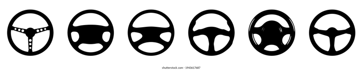 Car wheel icon. Vector illustration. Set of different steering wheels. Black car steering wheel symbols.