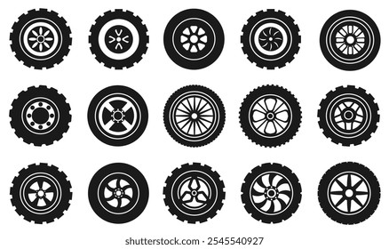 Car wheel icons. Flat automobile transport spare parts, tire rim brake disk transport equipment, vehicle wheel transport service. Vector isolated set.