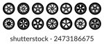 Car wheel icons, set auto tire, wheel tires and discs, car wheel silhouettes collection - vector