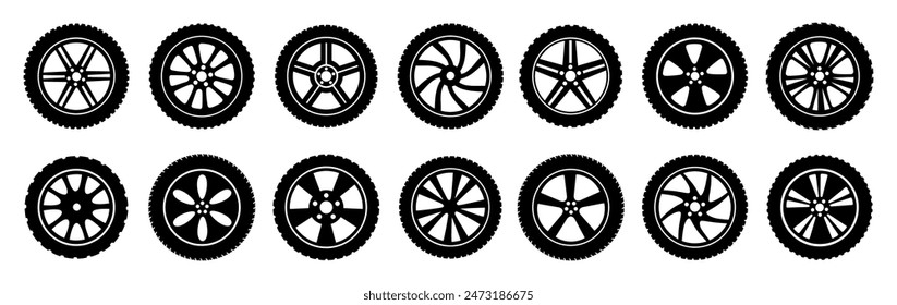 Autorad-Icons, Autoreifen einstellen, Radreifen und Scheiben, Autorad-Silhouetten Kollektion - Vektorgrafik