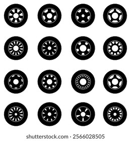 Car wheel icons, set auto tire, wheel tires and discs, car wheel silhouettes collection