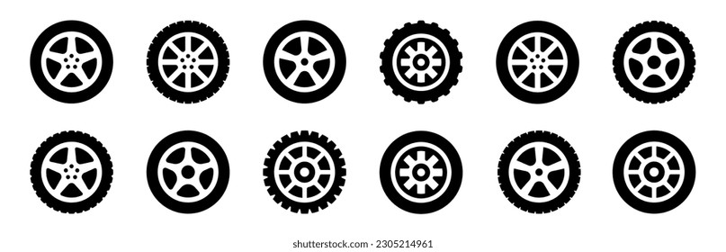 Car wheel icons set. Black wheel tires silhouette collection. Auto wheel disks.