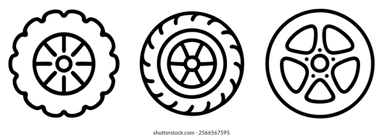 Car wheel icons set. Black wheel tires silhouette collection. Auto wheel disks.