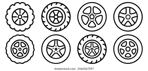 Car wheel icons set. Black wheel tires silhouette collection. Auto wheel disks.