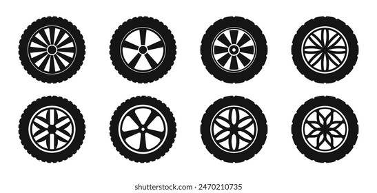 Car wheel icons. Wheel tires. Tires, wheel disks. Car wheel silhouettes. Car wheels