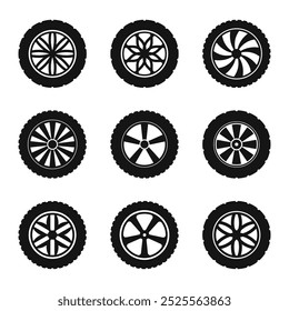 Car wheel icons. Wheel tires. Tires, wheel disks. Car wheel silhouettes. Car wheels