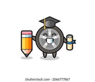 car wheel illustration cartoon is graduation with a giant pencil , cute style design for t shirt, sticker, logo element