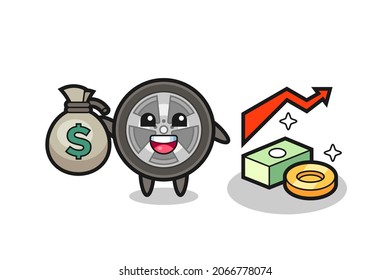 car wheel illustration cartoon holding money sack , cute style design for t shirt, sticker, logo element