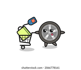 car wheel illustration cartoon with a shopping cart , cute style design for t shirt, sticker, logo element