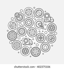 Car wheel illustration - vector round tyre symbol made with thin line car wheel icons
