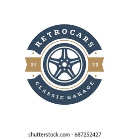Car wheel logo template vector design element vintage style for label or badge retro illustration. Tire silhouette.