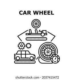 Car Wheel Maintenance Vector Icon Concept. Car Wheel Maintenance And Installation, Production Process Of Assembling Automobile On Conveyor. Tyre Repair Service In Garage Black Illustration