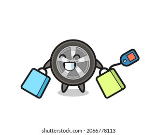 car wheel mascot cartoon holding a shopping bag , cute style design for t shirt, sticker, logo element